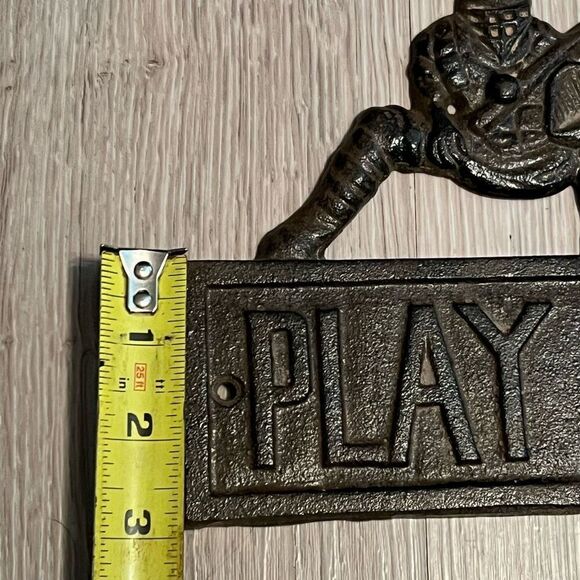 Baseball Black/Brown Cast Iron “PLAY BALL” Catcher Hitter 9” Wall Hanging Plaque - Picture 5 of 6